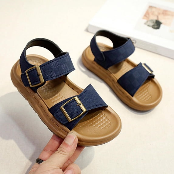 CYRBOKO Boys Flat Sandals, Soft Sole Birthday Open Toes Hook&Loop Kids Shoes Blue Size 12 (Little Kids)