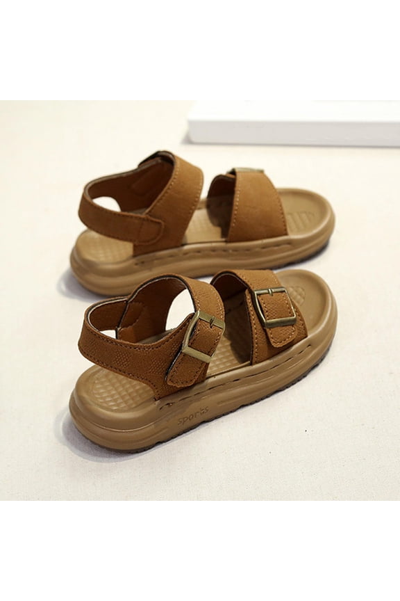 Boys Flat Sandals, Soft Sole Open Toes Birthday Hook&Loop Kids Shoes Brown Size 5 (Big Kids)