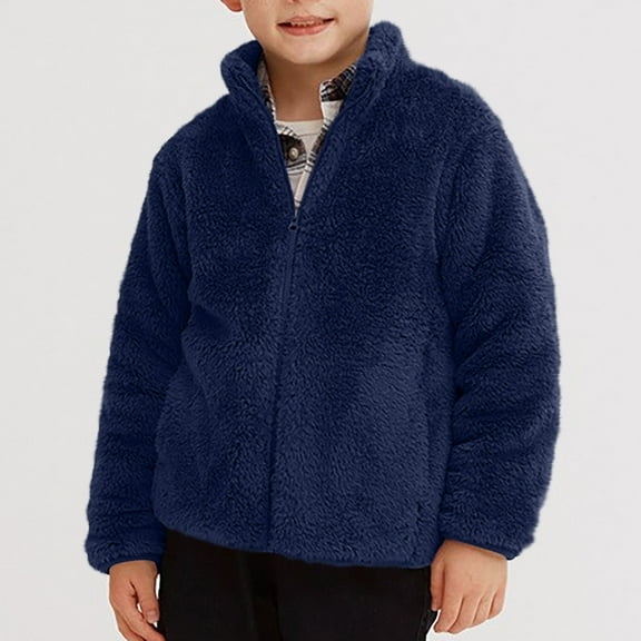 CYRBOKO Boys Fleece Jackets, Casual Full Zip Stand Collar Long Sleeve Thermal Winter Coats Navy Size 7-8 T