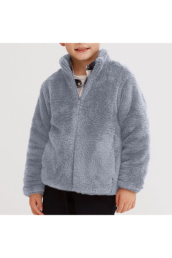 Boys Fleece Jackets, Casual Full Zip Stand Collar Thermal Long Sleeve Winter Coats Gray Size 7-8 T