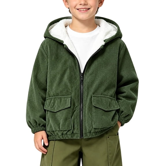 CYRBOKO Boys Fleece Lined Jackets with Pockets, Full Zip Long Sleeve Warm Corduroy Winter Hooded Outerwear Army Green Size 7-8 T