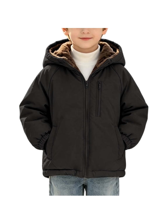 Boys Fleece Lined Jackets with Pockets, Long Sleeve Fall Winter Warm Full Zip Hooded Outerwear Boys Coats Black Size 6-7 T