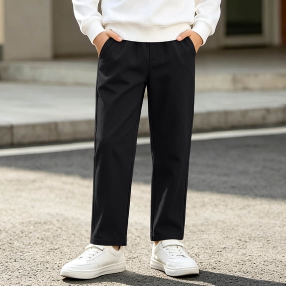 CYRBOKO Boys Fleece Lined Pants, Warm Straight Leg Cotton Winter School Uniform Pants Black Size 7-8 T