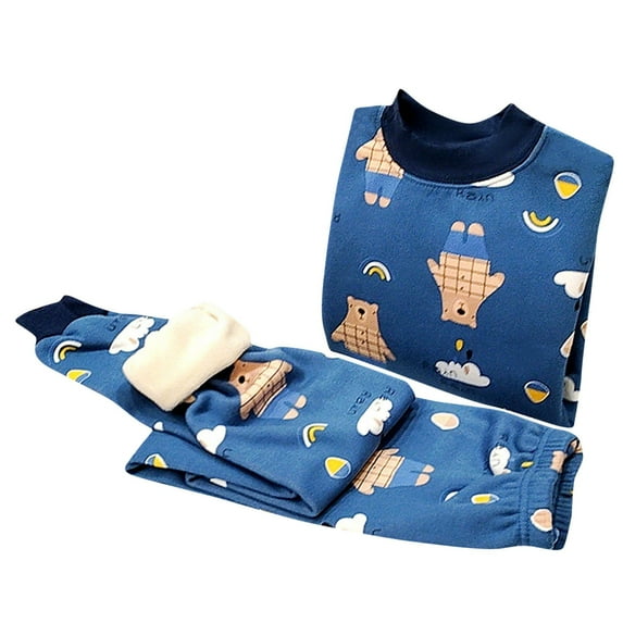 CYRBOKO Boys Fleece Pajama Sets, Long Sleeve Thermal Cotton Soft Sleepwear Sets Dark Blue Size 5-7 T