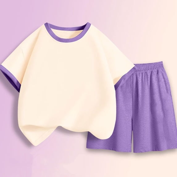 CYRBOKO Boys Girls Outfit Sets, Short Sleeve Cotton Athletic Elastic Waist Two-piece Sets Purple Size 3-4 T