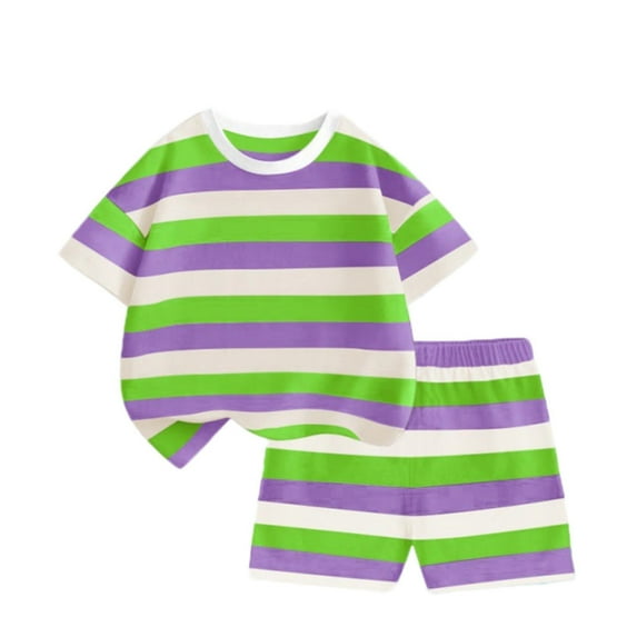CYRBOKO Boys Girls Outfit Sets, Two-piece Elastic Waist Striped Short Sleeve Summer Tee and Shorts Purple Size 11-12 T