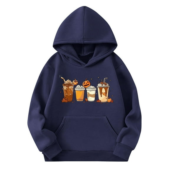 CYRBOKO Boys' Halloween Hooded Sweatshirts, Casual Loose Fit Long Sleeve Party Tops with Pocket Navy Size 5-6 T