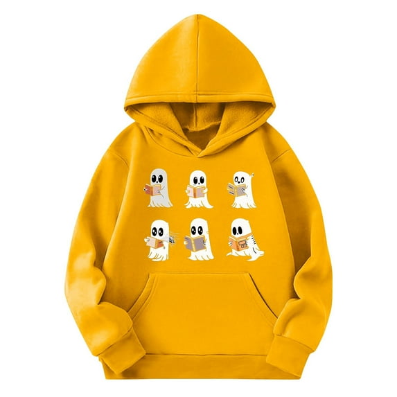 CYRBOKO Boys Halloween Hooded Sweatshirts, Loose Fit Gift Long Sleeve Casual Tops with Pocket Yellow Size 11-12 T