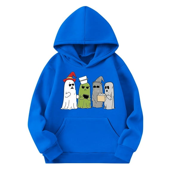 CYRBOKO Boys' Halloween Hooded Sweatshirts, Loose Fit Long Sleeve Fall Casual Pullover with Pocket Blue Size 5-6 T