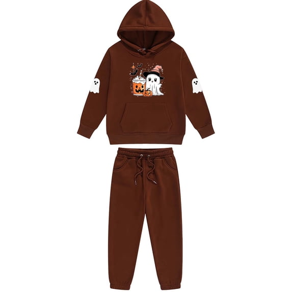 CYRBOKO Boys Halloween Outfit Sets, Printed Elastic Waist Long Sleeve Drawstring Thermal Hooded Sweatshirt Sets Brown Size 8-9 T