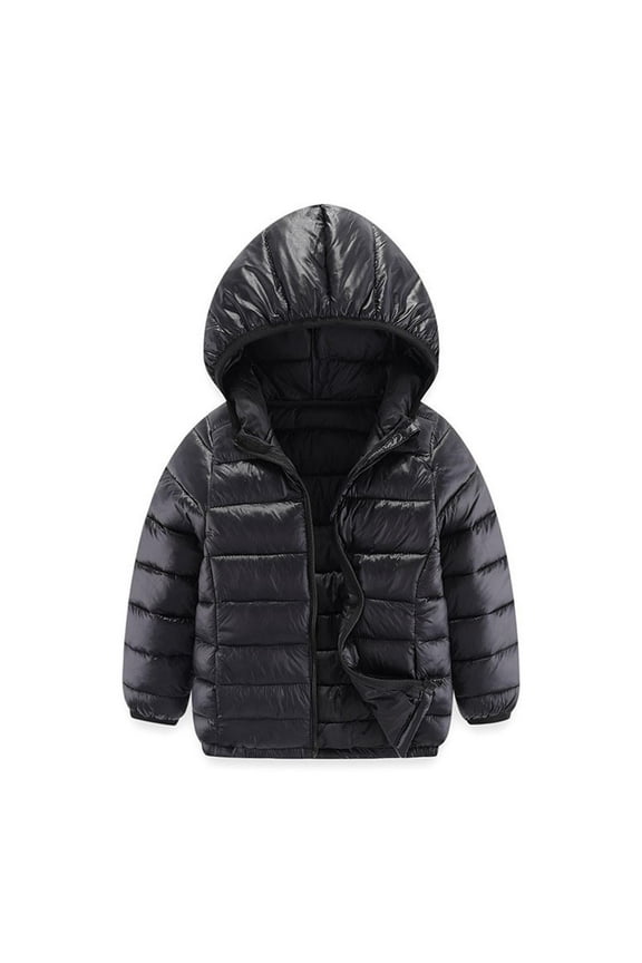 Boys Hooded Puffer Jackets, Thermal Zipper Lightweight Long Sleeve Winter Clothing Black Size 8-10 T