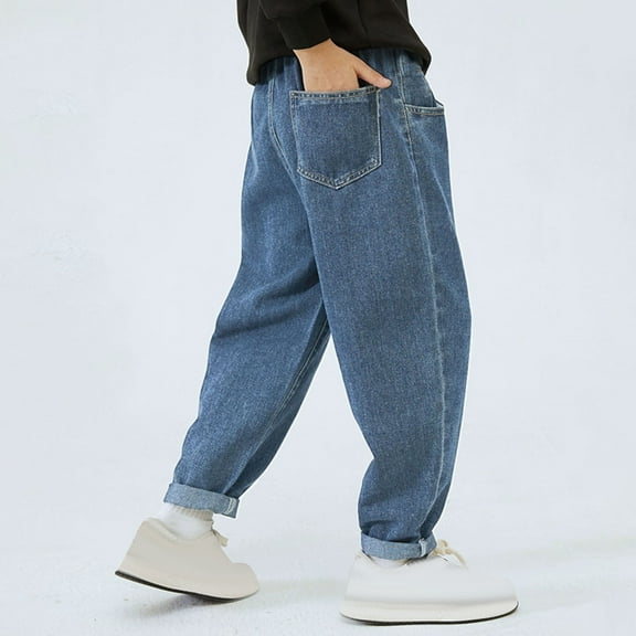 CYRBOKO Boys Jeans, Casual Loose Cotton Elastic Waist Long Pants Blue Size 7-8 T