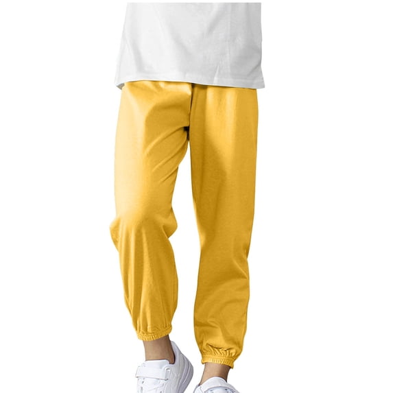 CYRBOKO Boys Jogger Pants, Summer Breathable Cotton Elastic Waist Athletic Pants Yellow Size 12-13 T