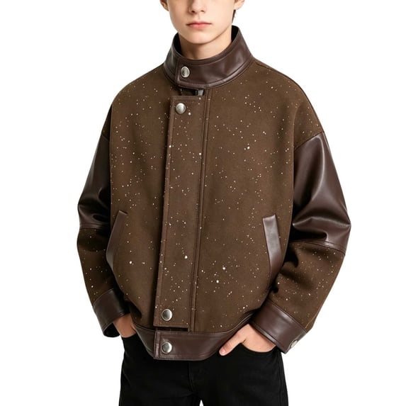 CYRBOKO Boys Leather Jackets, Collared Outdoor Long Sleeve Full Zip Kids Fall Outerwear Coats Coffee Size 10-12 T