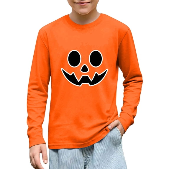 CYRBOKO Boys Long Sleeve Tops, Halloween Gift Glow in The Dark Cotton Graphic Tees Kids Clothes Orange Size 3-4 T