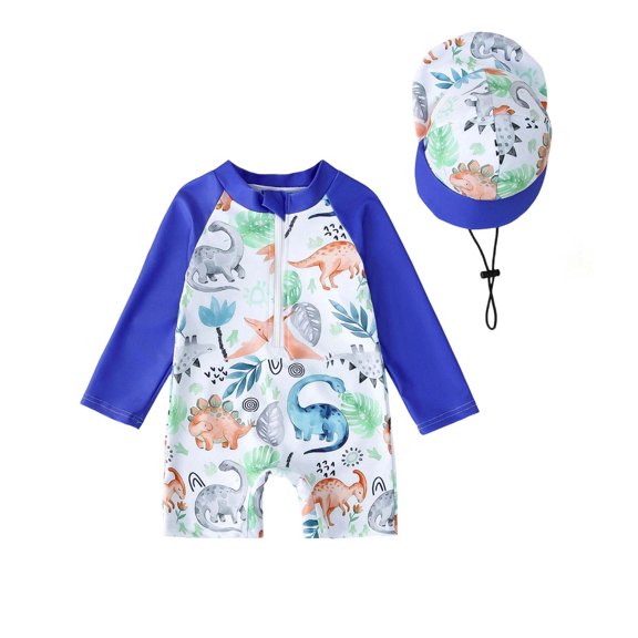 CYRBOKO Boys One-Pieces Swimsuits, Half Zip Quick-dry Vacation Long Sleeve Swimsuits with Caps White Size 6-12 Months