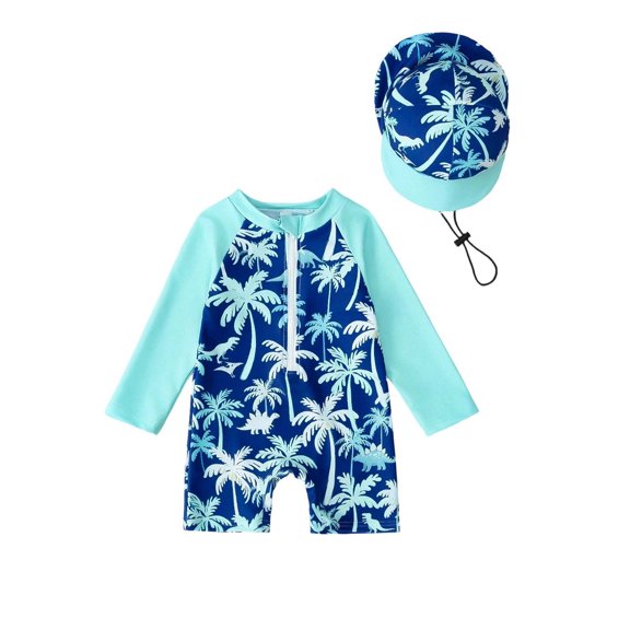 CYRBOKO Boys One-Pieces Swimsuits, Long Sleeve Half Zip Quick-dry Surfing Swimsuits with Caps Mint Green Size 6-12 Months