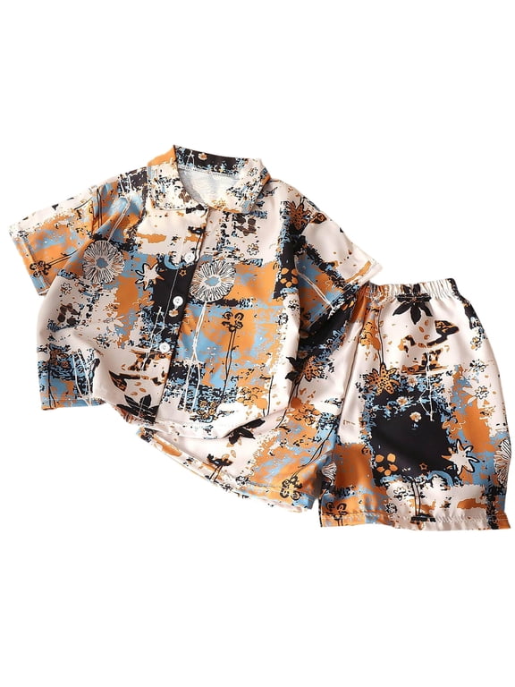 Boys Outfit Sets, Beach Elastic Waist Summer Short Sleeve Casual Boy's Shirt Set Brown Size 9-10 T