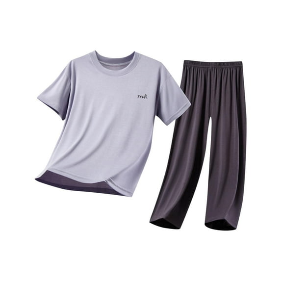 CYRBOKO Boys Outfit Sets, Cotton Casual Elastic Waist Short Sleeve Pajama Set Purple Size 5-6 T