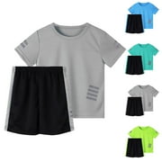 CYRBOKO Boys Outfit Sets, Short Sleeve Summer Reflective-Striped Quick-Dry Althic Clothing Set Gray Size 10-12 T