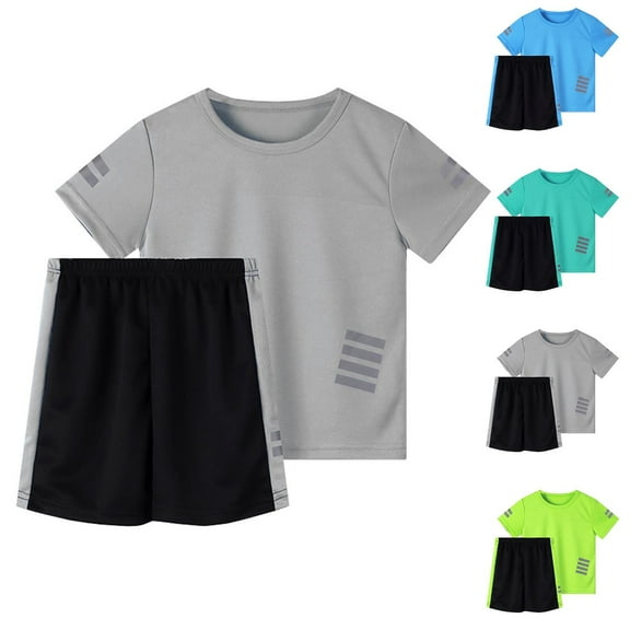 CYRBOKO Boys Outfit Sets, Short Sleeve Summer Reflective-Striped Quick-Dry Althic Clothing Set Gray Size 10-12 T
