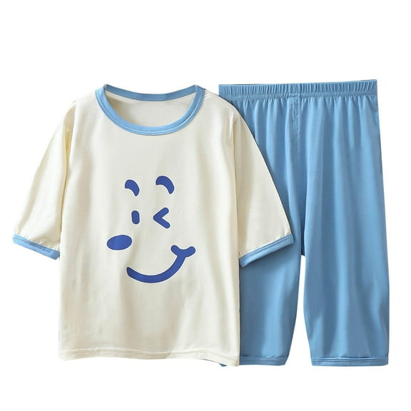 CYRBOKO Boys Outfit Sets, Soft Cotton Elastic Waist Short Sleeve Air-conditioned Suit Light Blue Size 7-8 T