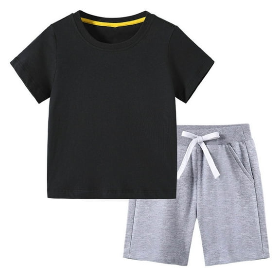 CYRBOKO Boys Outfit Sets, Solid Color 2 Pieces Short Sleeve T Shirts with Shorts Sets Black Size 7-8 T
