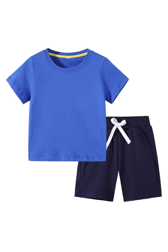 Boys Outfit Sets, Solid Color 2 Pieces Short Sleeve T Shirts with Shorts Sets Blue Size 6 T