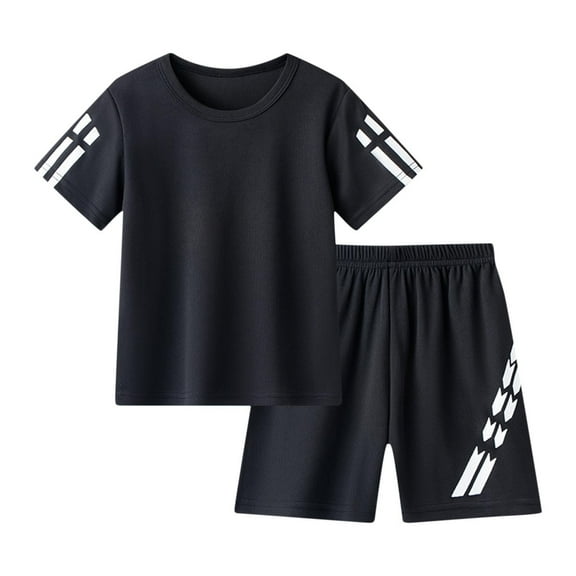 CYRBOKO Boys Outfit Sets, Summer Cotton Casual Short Sleeve Sport Clothing Set Black Size 7-8 T
