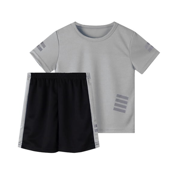 CYRBOKO Boys Outfit Sets, Summer Reflective-Striped Quick-Dry Short Sleeve Althic Clothing Set Gray Size 8-10 T