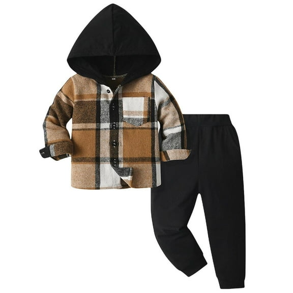 CYRBOKO Boys Outfit Sets, Thermal Long Sleeve Cotton Elastic Waist Hooded Outerwear Sets Black Size 7-8 T