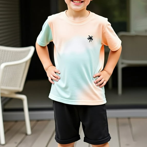 CYRBOKO Boys Outfit Sets, Two Piece Lightweight Summer T-shirts and Shorts Set Green Size 7-8 T