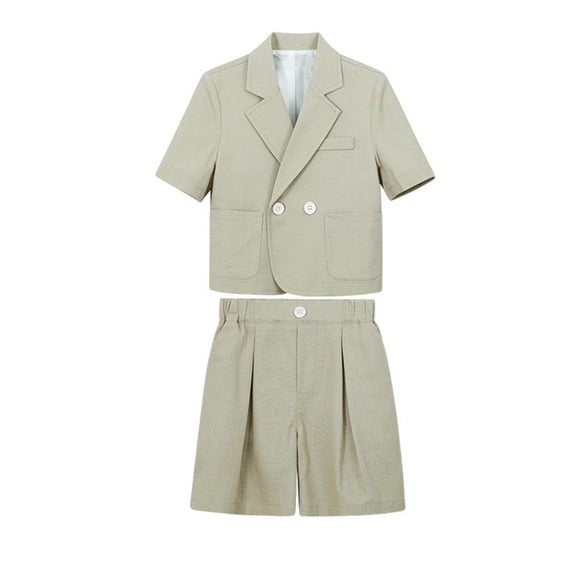 CYRBOKO Boys Outfit Sets, Two-piece Short Sleeve Elastic Waist Lapel Suits Sets Khaki Size 1-2 T