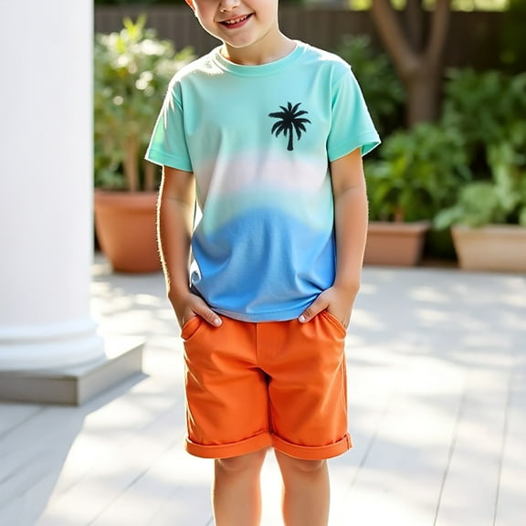 CYRBOKO Boys Outfit Sets, Vacation Summer Two Piece T-shirts and Shorts Set Blue Size 3-8 T