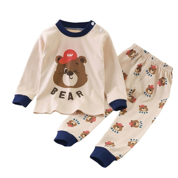 CYRBOKO Boys Pajama Sets, Crewneck Elastic Waist Cotton Thermal Long Sleeve Loungewear Sets Khaki Size 7-8 T