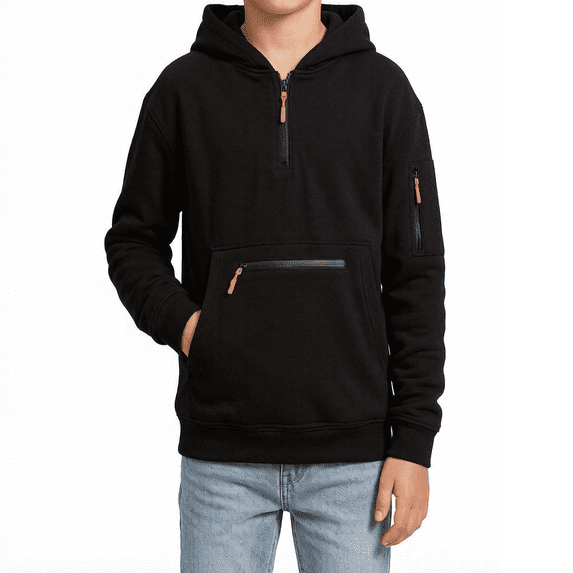 CYRBOKO Boys Pullover Hoodies with Zipper, Warm Casual Fall Winter Long Sleeve Hooded Sweatshirts Boys Tops Black Size 15-16 T