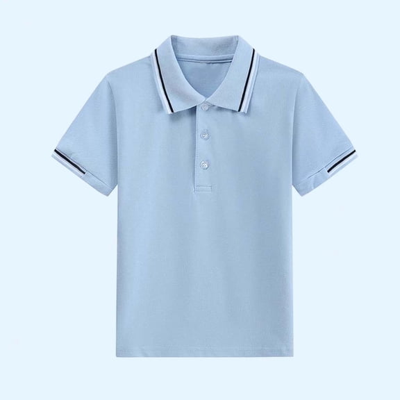 CYRBOKO Boys Short Sleeve Polos, Cotton Casual Striped Collared School Uniform Tops Blue Size 5-6 T
