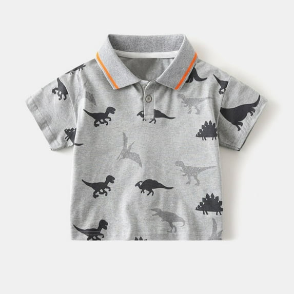 CYRBOKO Boys Short Sleeve Polos, Dinosaur Printed Lightweight Cotton Casual Summer Tops Gray Size 7-8 T