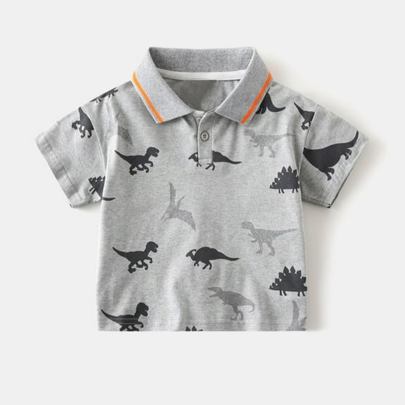 CYRBOKO Boys Short Sleeve Polos, Dinosaur Printed Lightweight Cotton Casual Summer Tops Gray Size 7-8 T