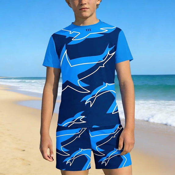 CYRBOKO Boys Short Sleeve Rashguard Sets, Summer Quick-dry Beach Swimwear Swim Shirts and Trunks Bathing Suits Multicolor Size 13-14 T