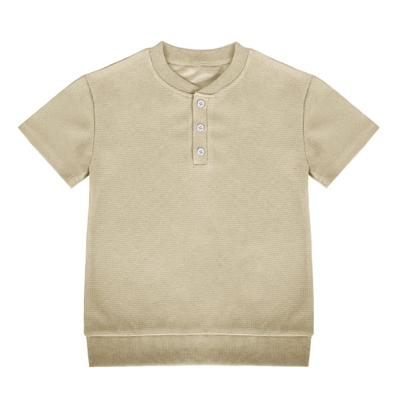 CYRBOKO Boys Short Sleeve Shirts, Henley Collar Pullover Casual Summer T-shirts for Boys Beige Size 10-12 T