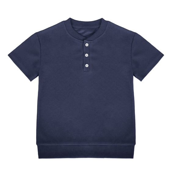 CYRBOKO Boys Short Sleeve Shirts, Pullover Henley Collar Casual Summer T-shirts for Boys Navy Size 4-5 T
