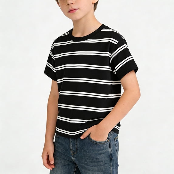 CYRBOKO Boys Striped T-Shirts, Cotton Casual Pullover Summer Short Sleeve Tops Black Size 5-6 T