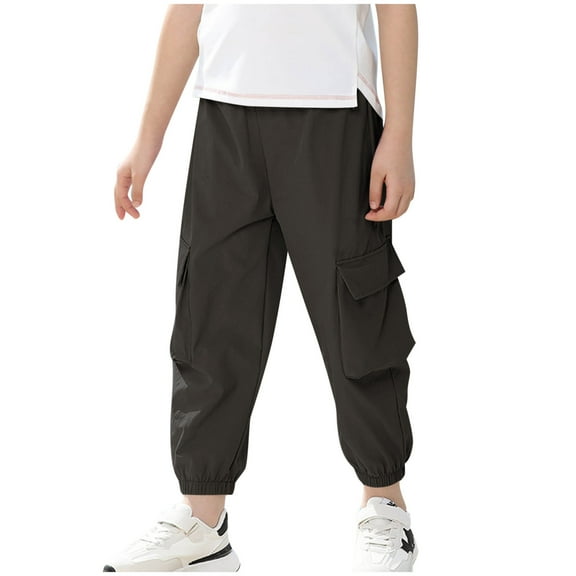 CYRBOKO Boys Summer Cargo Pants, Holiday Elastic Waist Loose Casual Long Pants Black Size 7-8 T