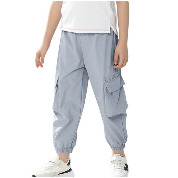 CYRBOKO Boys Summer Cargo Pants, Loose Holiday Elastic Waist Casual Long Pants Gray Size 7-8 T