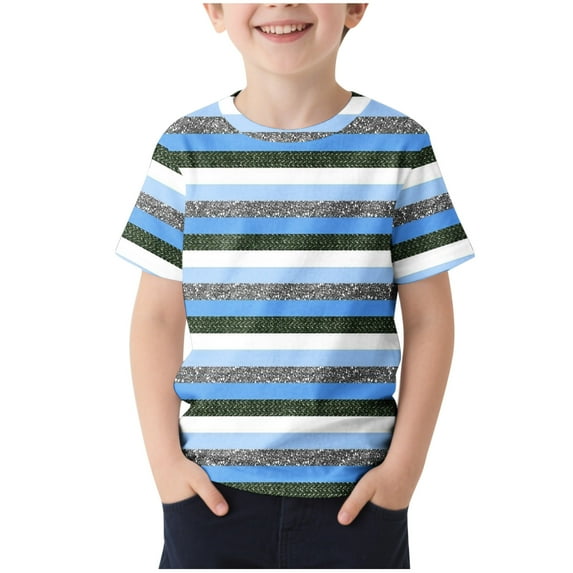 CYRBOKO Boys Summer Shirts, Casual Striped Basketball Short Sleeve Sports Top Blue Size 10-12 T