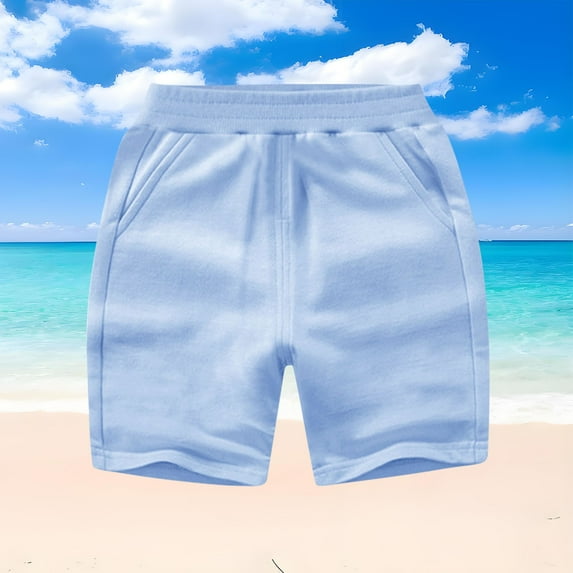 CYRBOKO Boys Summer Shorts, Loose Casual Elastic Waist Cotton Shorts with Pockets Light Blue Size 5-6T