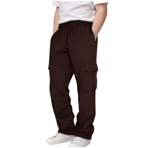 CYRBOKO Boys Sweatpants, Casual Athletic Drawstring Loose Cargo Pants with Pockets Brown Size 5-6 T