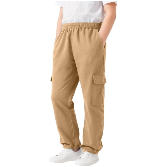 CYRBOKO Boys Sweatpants with Pockets, Drawstring Elastic Waist Casual Thermal Fall Winter Joggers Khaki Size 9-10 T
