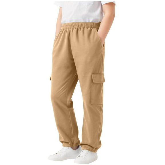 CYRBOKO Boys Sweatpants with Pockets, Drawstring Elastic Waist Casual Thermal Fall Winter Joggers Khaki Size 9-10 T